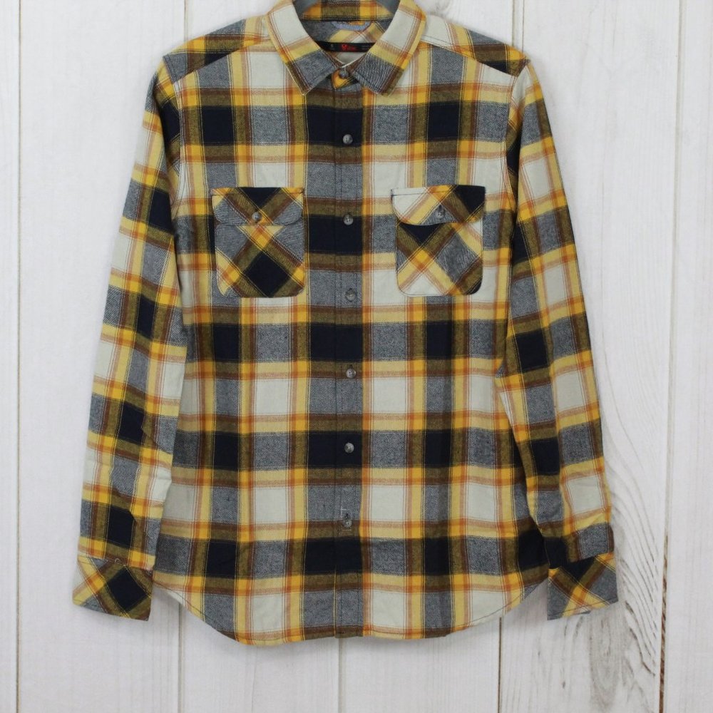 NWT Stoic Flannel Plaid Shirt Small Navy and Gold Heavyweight Outdoor Button Up - Picture 3 of 10